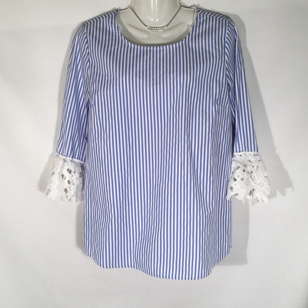 Notations Blue White Blouse Crotchet Cuff Size S
